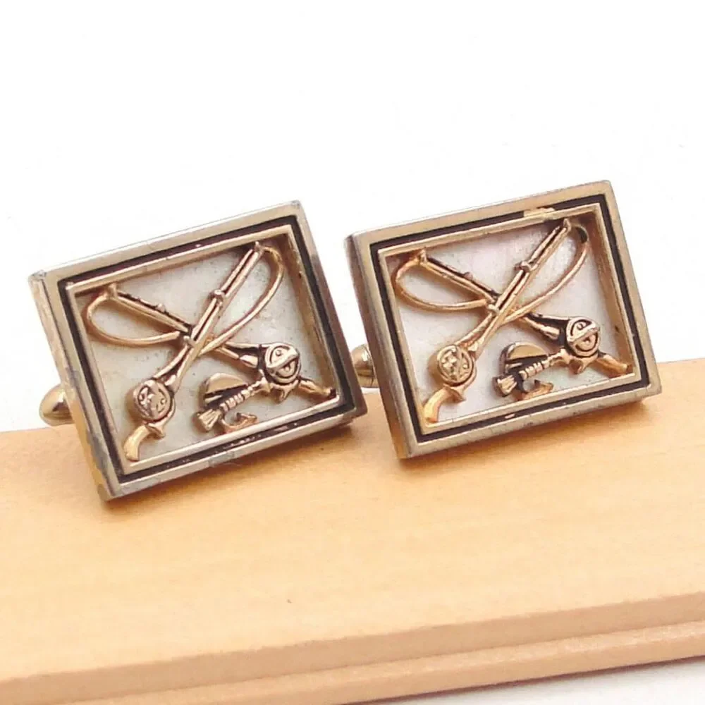 Vintage Swank Fly Fishing Cufflinks Gold Tone Mother of Pearl Rod Reel Sportsman